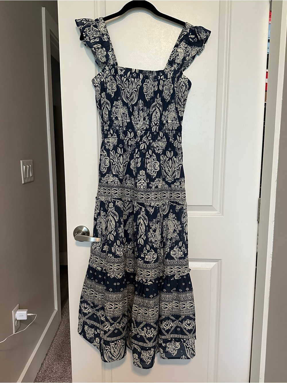MELISSA NEPTON Navy and White Printed Midi Dress